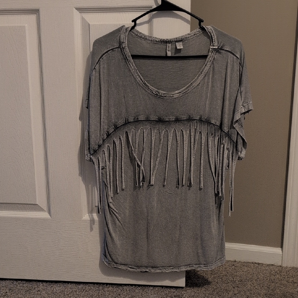 Cato Charcoal Fringe Short Sleeve Top